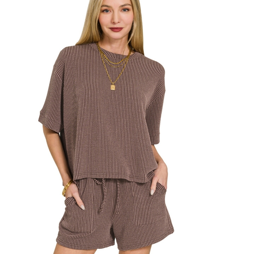 Zenana Ribbed Shirt And Shorts Set Brown
